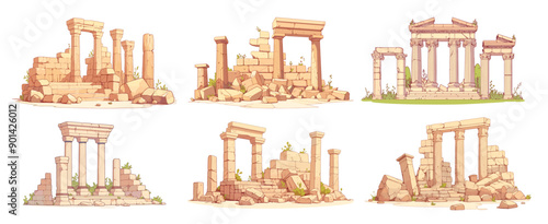 ruins. greek column destroyed medieval civilization antique acropolis broken ancient architecture. vector illustration