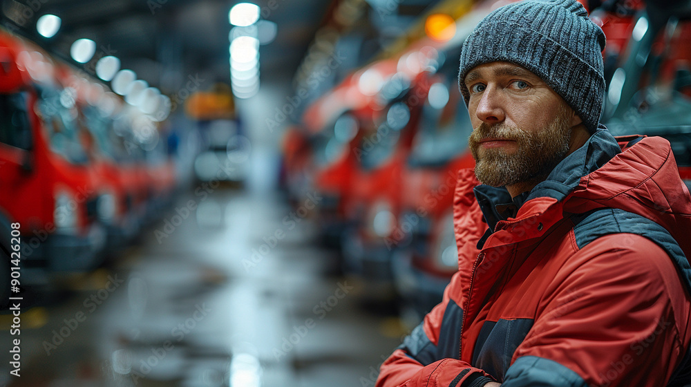 Obraz premium A man in a red jacket and a gray hat stands in front of a row of red vans