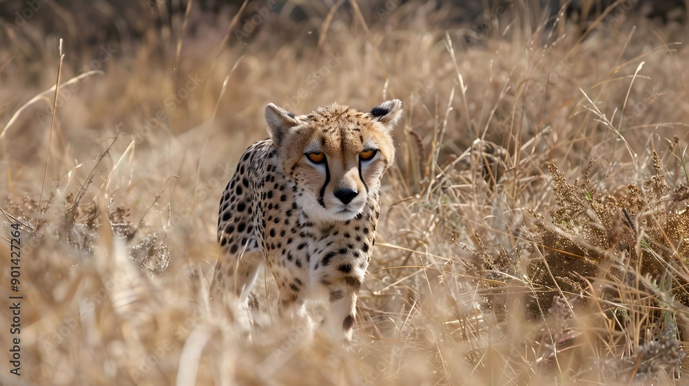 Fototapeta premium A cheetah is walking through tall grass in the wild