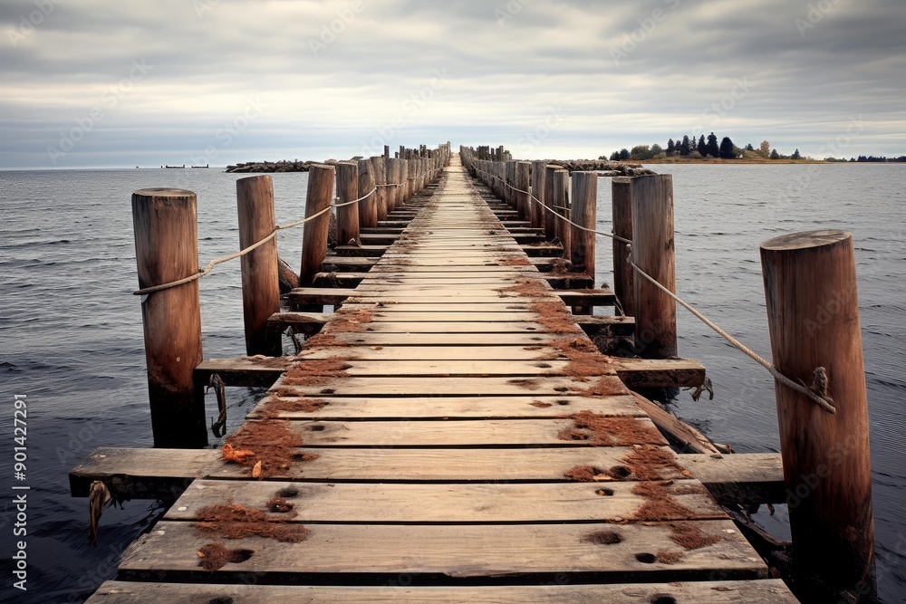 Peaceful scene of an old wooden pier reaching out into the calm waters of a vast lake under a cloudy sky Peaceful scene of an old wooden pier reaching out into the calm waters of a vast lake under a cloudy sky