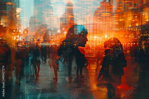 Reflection in the glass of the setting sun and silhouettes of people walking by on the background of high-rise buildings of a large city. © NN AI