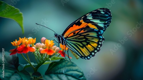 A butterfly is eating a flower. The butterfly is blue and white