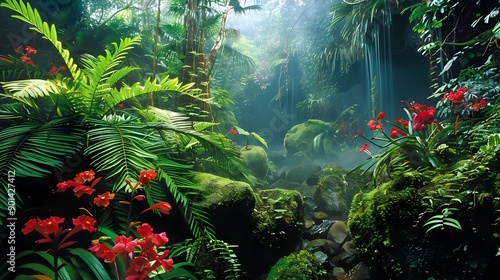 A lush jungle with many different types of plants and flowers.