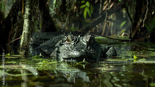 A crocodile is swimming in a pond with green plants