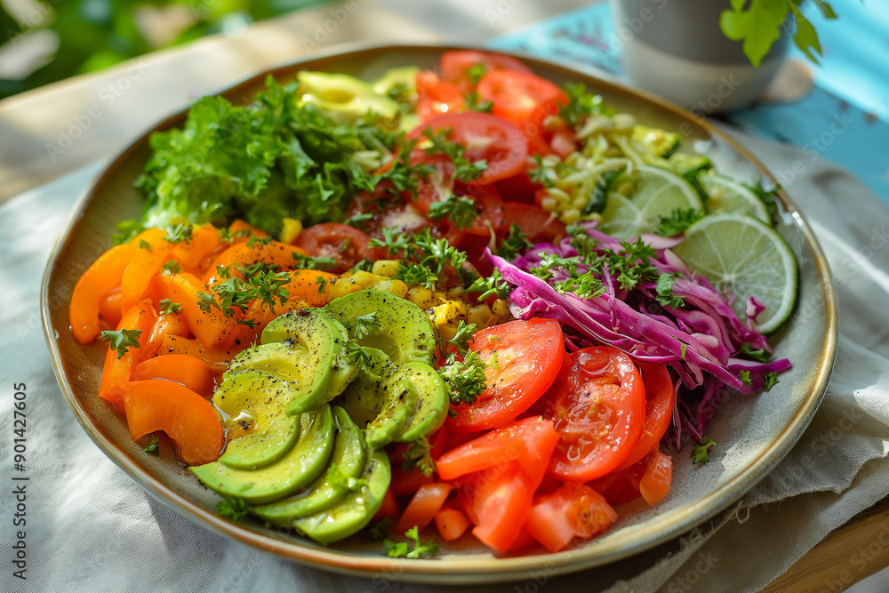 a plate of healthy mixed salad with vegetables and fruits, avocado, tomatoes and gabbage a plate of healthy mixed salad with vegetables and fruits, avocado, tomatoes and gabbage