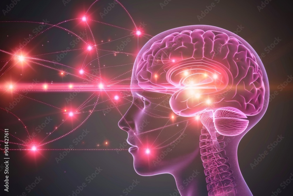 Vibrant illustration of a brain with glowing pink neural connections symbolizing creativity intelligence and the dynamic nature of human thought processes Vibrant illustration of a brain with glowing pink neural connections symbolizing creativity intelligence and the dynamic nature of human thought processes