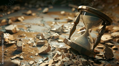 A broken hourglass with sand spilling out, metaphor for the critical and fleeting nature of time during an economic crisis