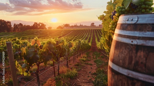  serene vineyard at sunset with rows of grapevines stretching into the distance photo