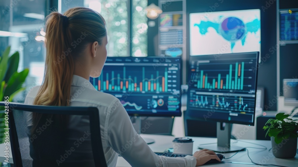 Bright office scene with a professional woman analyzing data on dual monitors, showcasing graphs and charts for business intelligence Bright office scene with a professional woman analyzing data on dual monitors, showcasing graphs and charts for business intelligence