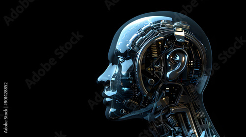 Side profile of a futuristic artificial intelligence computer head. Generative Ai.