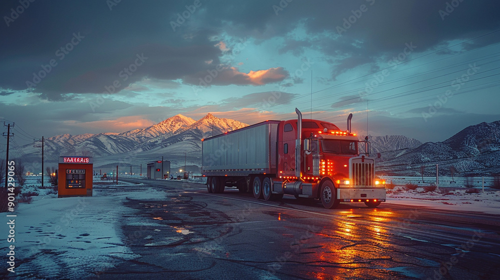 A red semi truck is driving down a road in the mountains A red semi truck is driving down a road in the mountains