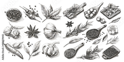 Spice illustration, herbs seasoning, drawing engraving ink line art, vector illustration