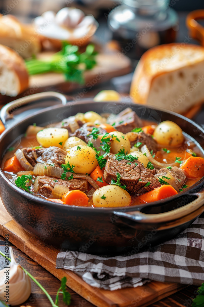 rustic steaming Flemish beef stew. AI generative. rustic steaming Flemish beef stew. AI generative.