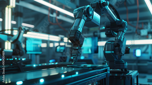  Smart factory, industry 4.0 M2M computer aided manufacturing 3D Robot automated team working AI chatbot future process futuristic industry engineering background. Generative Ai.