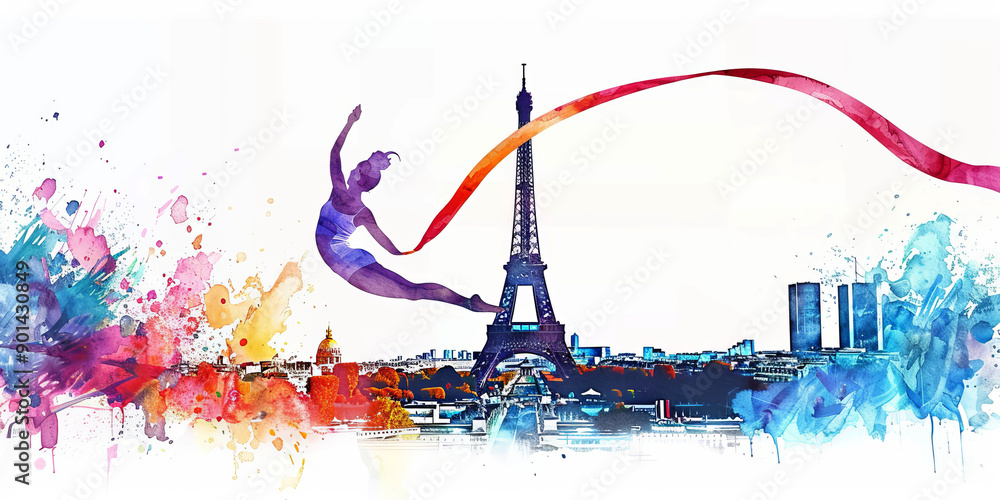 Fototapeta premium Watercolor style, woman doing gymnastics with sports uniform,a ribbon in the air with Paris cityscape