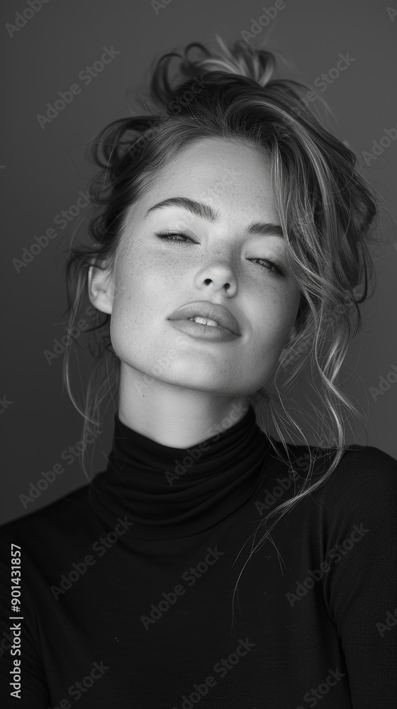 Black and white portrait of a young woman with a confident expression, wearing a black turtleneck and a casual updo, captured against a dark background Black and white portrait of a young woman with a confident expression, wearing a black turtleneck and a casual updo, captured against a dark background