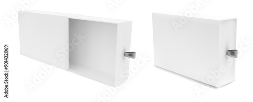 White slide box mockup. 3d cardboard sleeve drawer package. Open blank paper matchbox template. Empty carton rectangle pull layout set for jewelry presentation. Inner case view for present