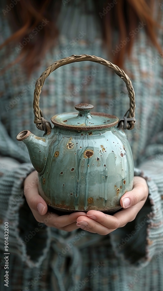 An intricately designed, antique teapot with a braided handle being carefully held by a person wearing a textured, earth-toned sweater An intricately designed, antique teapot with a braided handle being carefully held by a person wearing a textured, earth-toned sweater