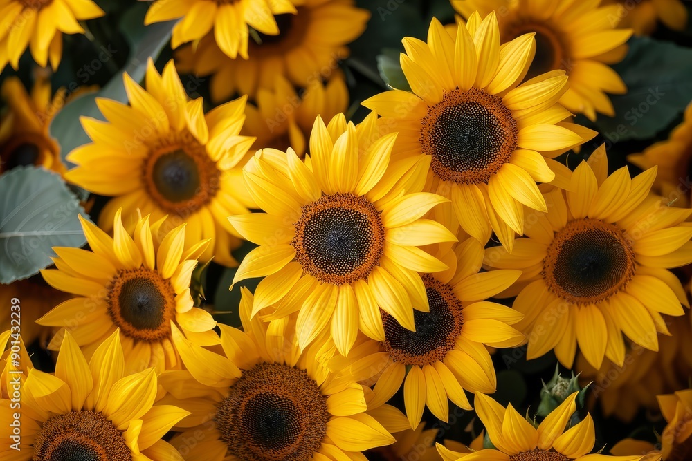 Close-up of vibrant sunflower blooms with bright yellow petals in a beautiful floral garden, showcasing the natural beauty of the sunflowers blooming in the summer sun Close-up of vibrant sunflower blooms with bright yellow petals in a beautiful floral garden, showcasing the natural beauty of the sunflowers blooming in the summer sun
