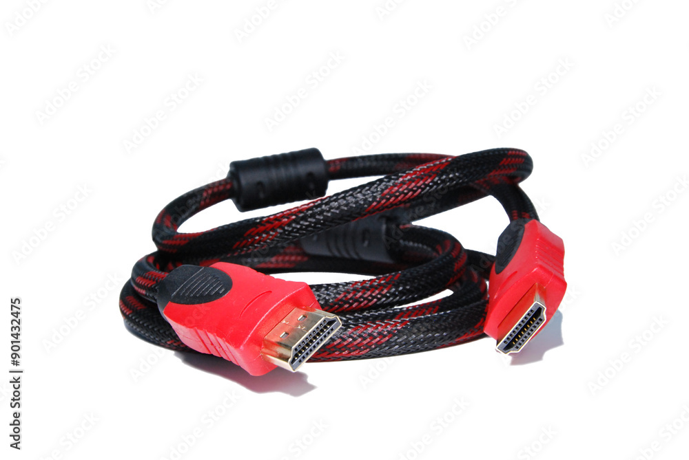 Fototapeta premium Red HDMI cable with two plugs on a white background