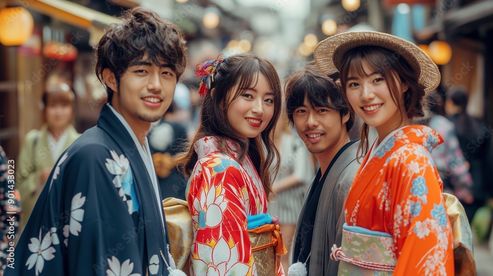 Fototapeta premium Smiling asian people wearing traditional kimonos on street portrait image. Friends group performing oriental culture picture photorealistic photography. Travel concept photo realistic