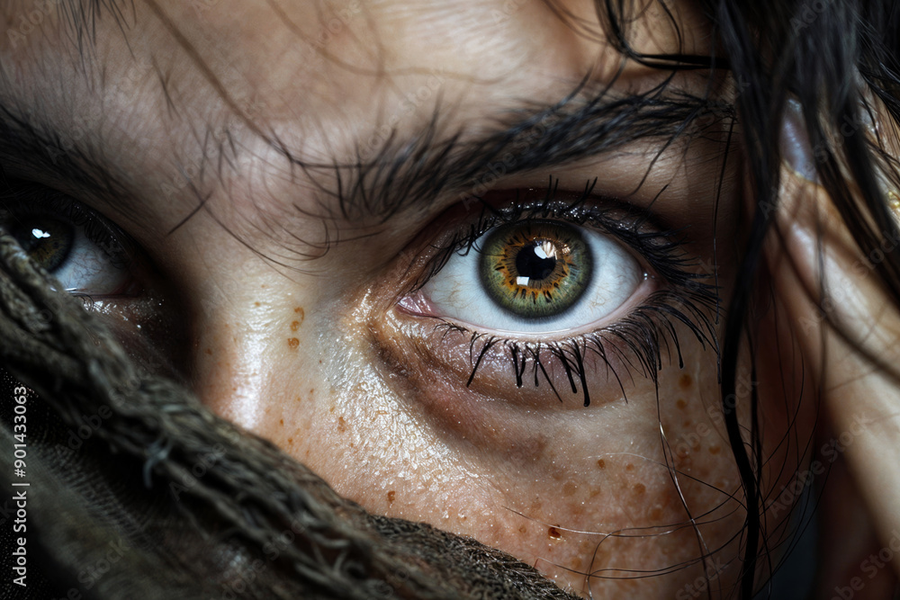 Intense close-up of a young woman's vibrant green eye, freckled skin, and dark hair, conveying mystery and depth through captivating gaze Intense close-up of a young woman's vibrant green eye, freckled skin, and dark hair, conveying mystery and depth through captivating gaze
