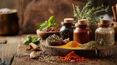 spices and herbs in jars with traditional kitchen setting