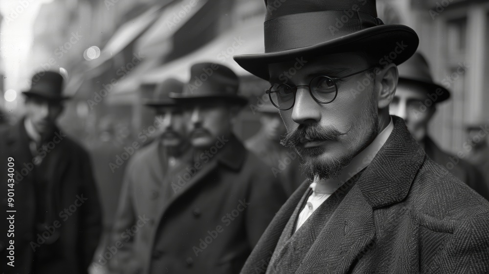 A black-and-white historical photograph captures a group of men wearing early 20th-century fashion, including bowler hats and overcoats, with one prominently mustached gentleman in the foreground A black-and-white historical photograph captures a group of men wearing early 20th-century fashion, including bowler hats and overcoats, with one prominently mustached gentleman in the foreground