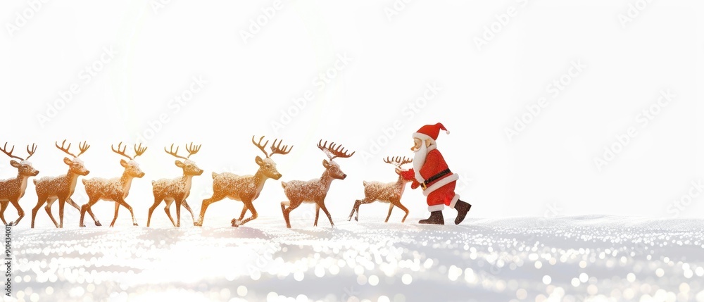 Naklejka premium Santa Claus leading a team of reindeer through a snowy landscape during Christmas. Festive scene with bright, snowy background.