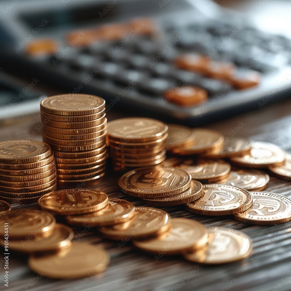 A close-up of stacked coins on a wooden surface, highlighting finance and investment concepts with a calculator in the background. A close-up of stacked coins on a wooden surface, highlighting finance and investment concepts with a calculator in the background.