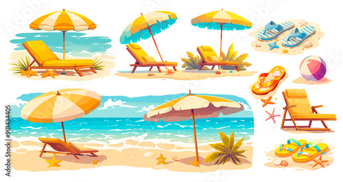 Summer beach landscape. beach sea ocean chaise lounge umbrella tropical vacation summer set sticker bright vector illustration