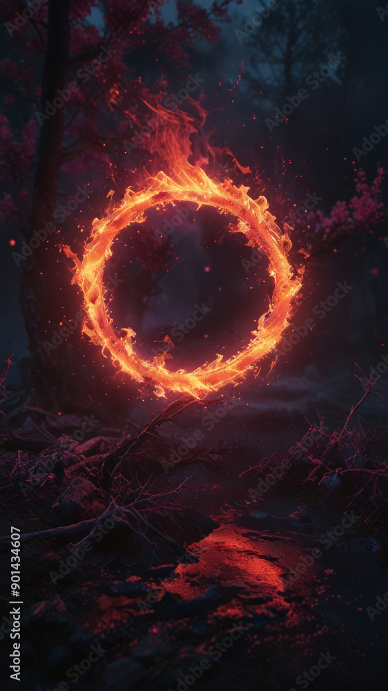 Fototapeta premium A circle of fire in a fantastic dark space.