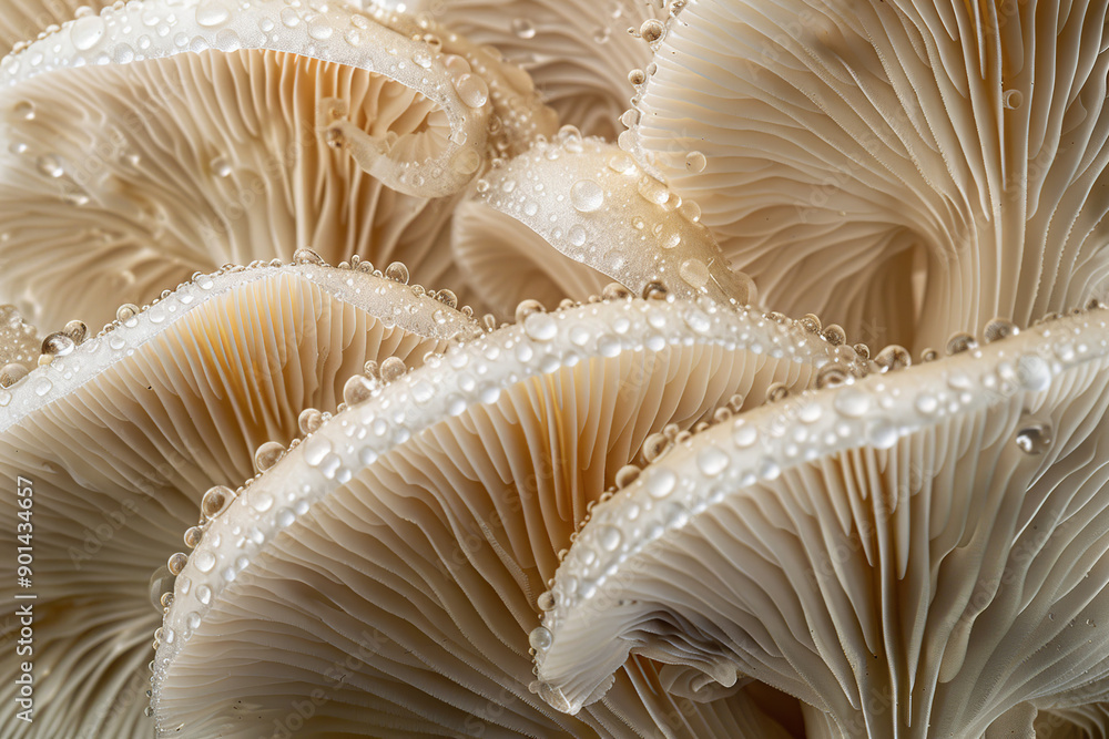 Mushrooms with water drops. Macro view. Close up of porcini mushroom caps Mushrooms with water drops. Macro view. Close up of porcini mushroom caps
