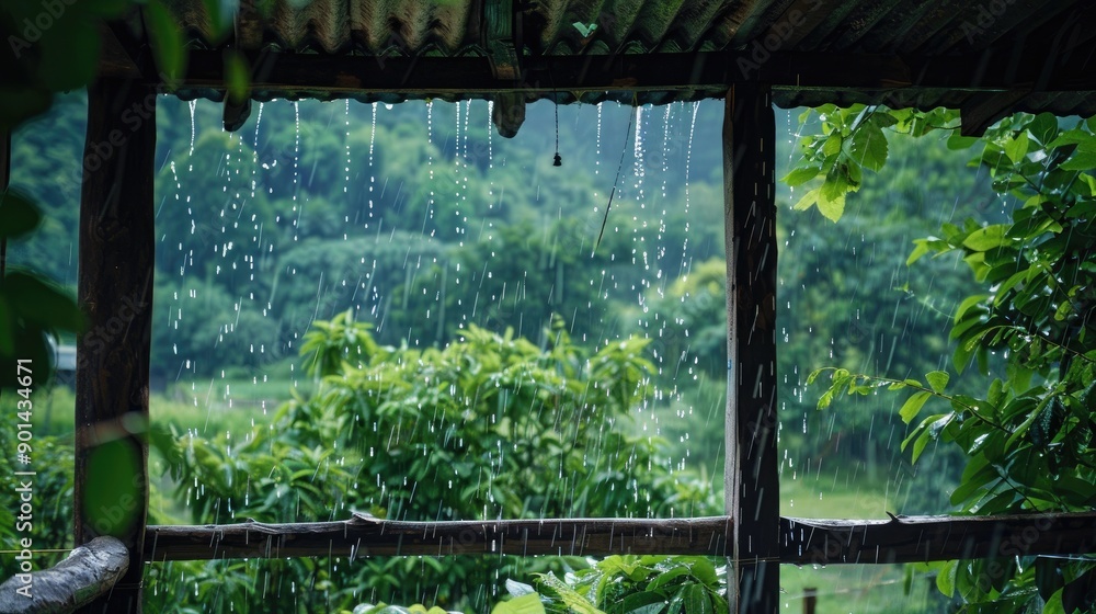 Heavy rainfall on a farm, viewed from under a rustic wooden shelter with a tin roof, lush green foliage in the background Heavy rainfall on a farm, viewed from under a rustic wooden shelter with a tin roof, lush green foliage in the background