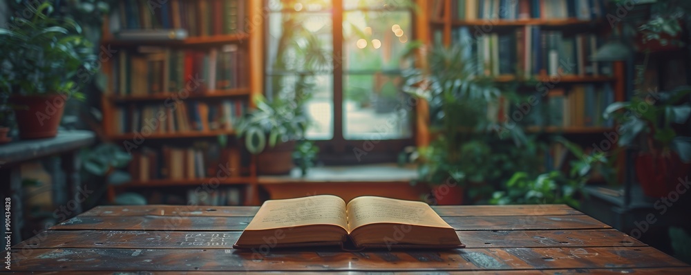An open book placed on a rustic wooden table in a cozy, sunlit library filled with numerous bookshelves and lush green plants by the window