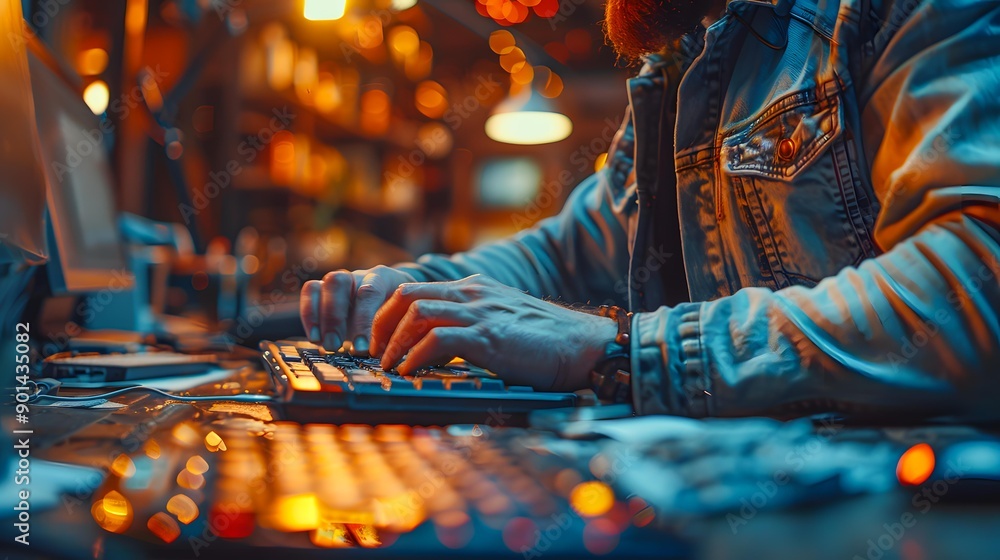Naklejka premium A person typing on a keyboard in a warm, dimly-lit workspace filled with electronic devices, suitable for themes like late-night work, software development, or creative design projects,