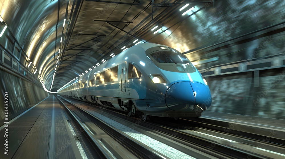 Sleek and Speedy Futuristic Commuter Train Racing Through WeatherAdorned Tunnel Sleek and Speedy Futuristic Commuter Train Racing Through WeatherAdorned Tunnel