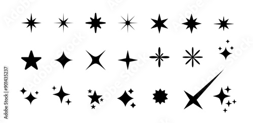 Y2K stars set. Blinking stars, sparks and sparkles shape in retro futuristic stile. Magic light decoration graphic.