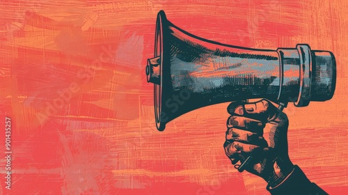 Illustration of a hand with a megaphone in a textured graphic, single color background, representing vocal advocacy and expression