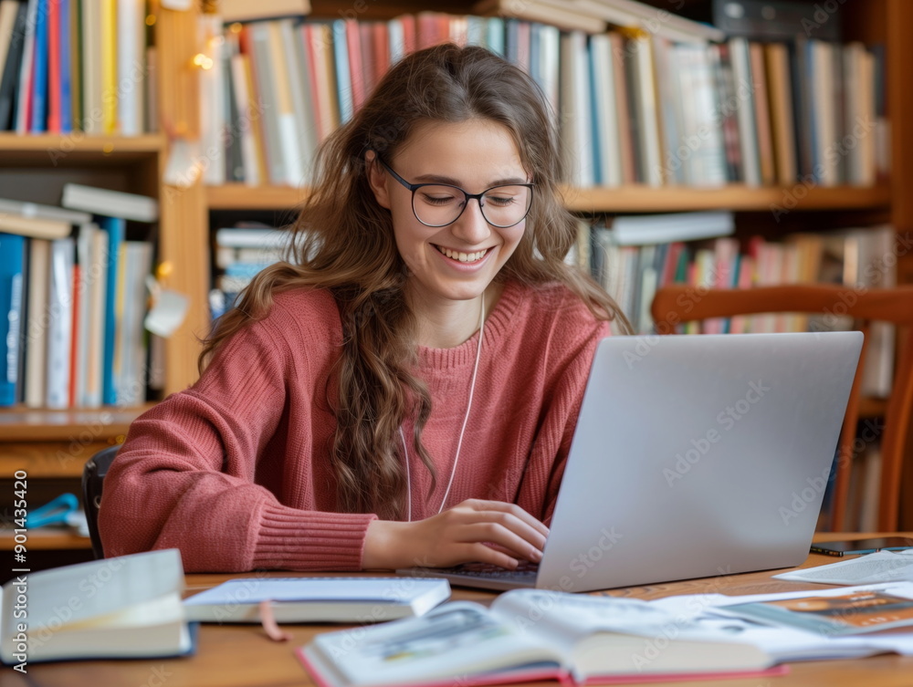 Smiling woman using a laptop and writing in a notebook at home, concept of online education, remote study class or work from a setup on a computer at a table with books and papers Smiling woman using a laptop and writing in a notebook at home, concept of online education, remote study class or work from a setup on a computer at a table with books and papers