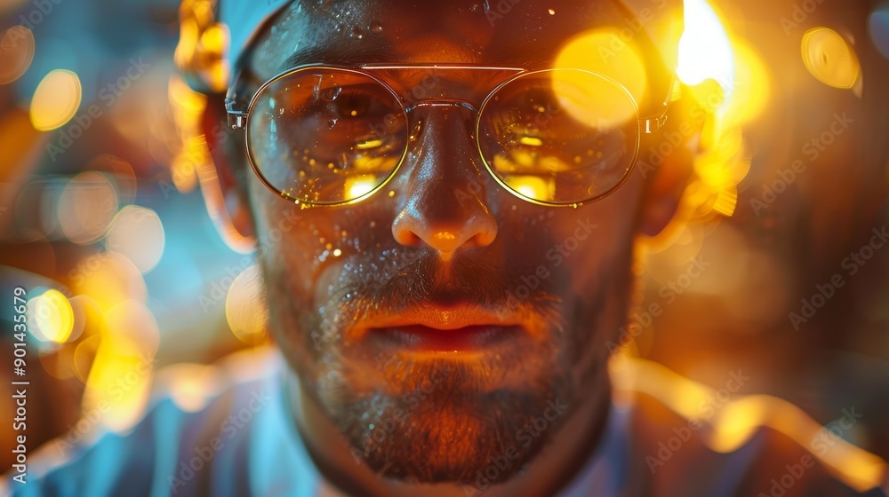 Close-up of a person wearing reflective sunglasses with vibrant golden bokeh lights in the background, creating an atmospheric and dramatic effect Close-up of a person wearing reflective sunglasses with vibrant golden bokeh lights in the background, creating an atmospheric and dramatic effect