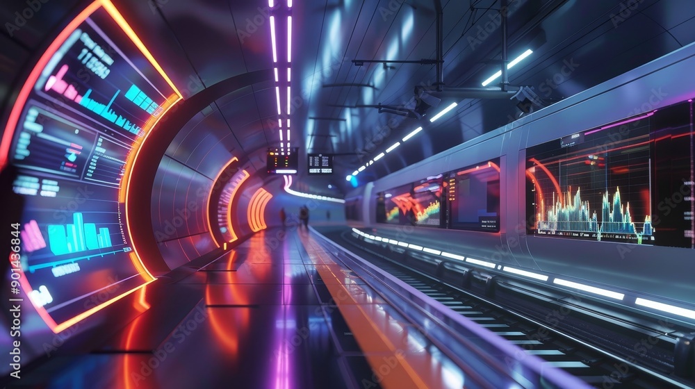 Trading on the Fast Track Futuristic Train Tunnel with RealTime Stock Market Data Screens Trading on the Fast Track Futuristic Train Tunnel with RealTime Stock Market Data Screens