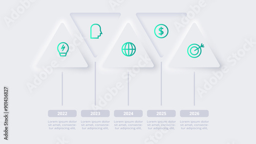 Neumorphic flowchart infographic.  Creative concept for infographic with 5 steps, options, parts or processes. Template for diagram, graph, presentation and chart.