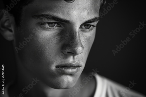 Close-up of a serious young man with a deep gaze against a dark background in black and white © juliars