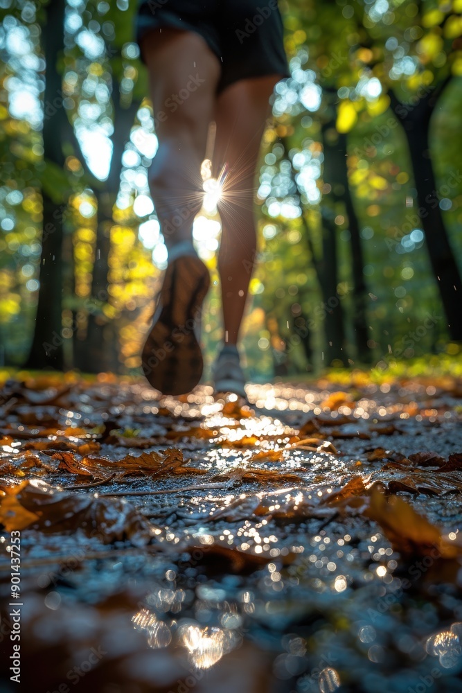 A person jogging on a leaf-covered path in a sunlit forest, capturing the beauty and tranquility of nature during an early morning workout A person jogging on a leaf-covered path in a sunlit forest, capturing the beauty and tranquility of nature during an early morning workout