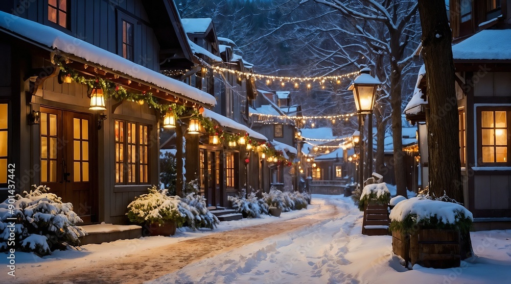 Explore the Winter Village decorated with snow and festive lights, creating a magical vibe Explore the Winter Village decorated with snow and festive lights, creating a magical vibe