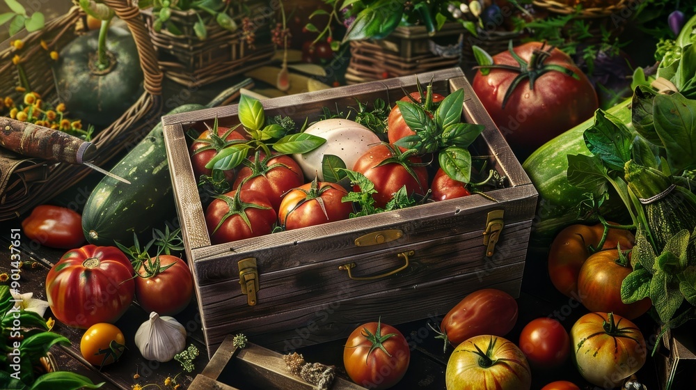 FarmFresh Delight Heirloom Tomatoes Mozzarella and Basil in a Rustic Market Setting FarmFresh Delight Heirloom Tomatoes Mozzarella and Basil in a Rustic Market Setting