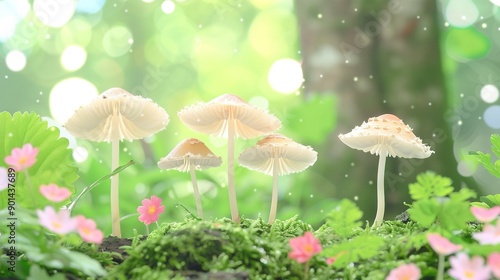  A cluster of fungi perched atop a verdant carpet of turf adjacent to a wooded area blooming with magenta blossoms