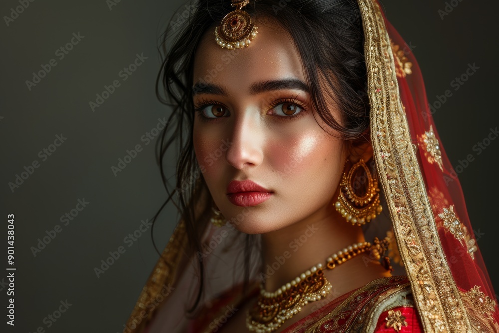 Portrait of a beautiful Indian girl in traditional attire, adorned with intricate kundan jewelry set, showcasing elegance and cultural richness. Portrait of a beautiful Indian girl in traditional attire, adorned with intricate kundan jewelry set, showcasing elegance and cultural richness.