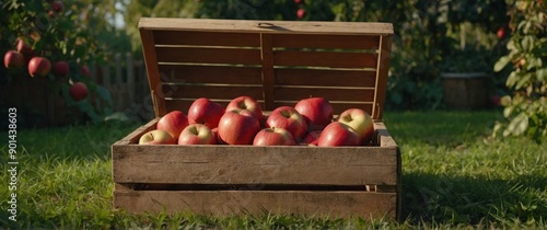 Ripe red apples in wooden crate amidst lush garden oasis, a vibrant display of nature s bounty. photo